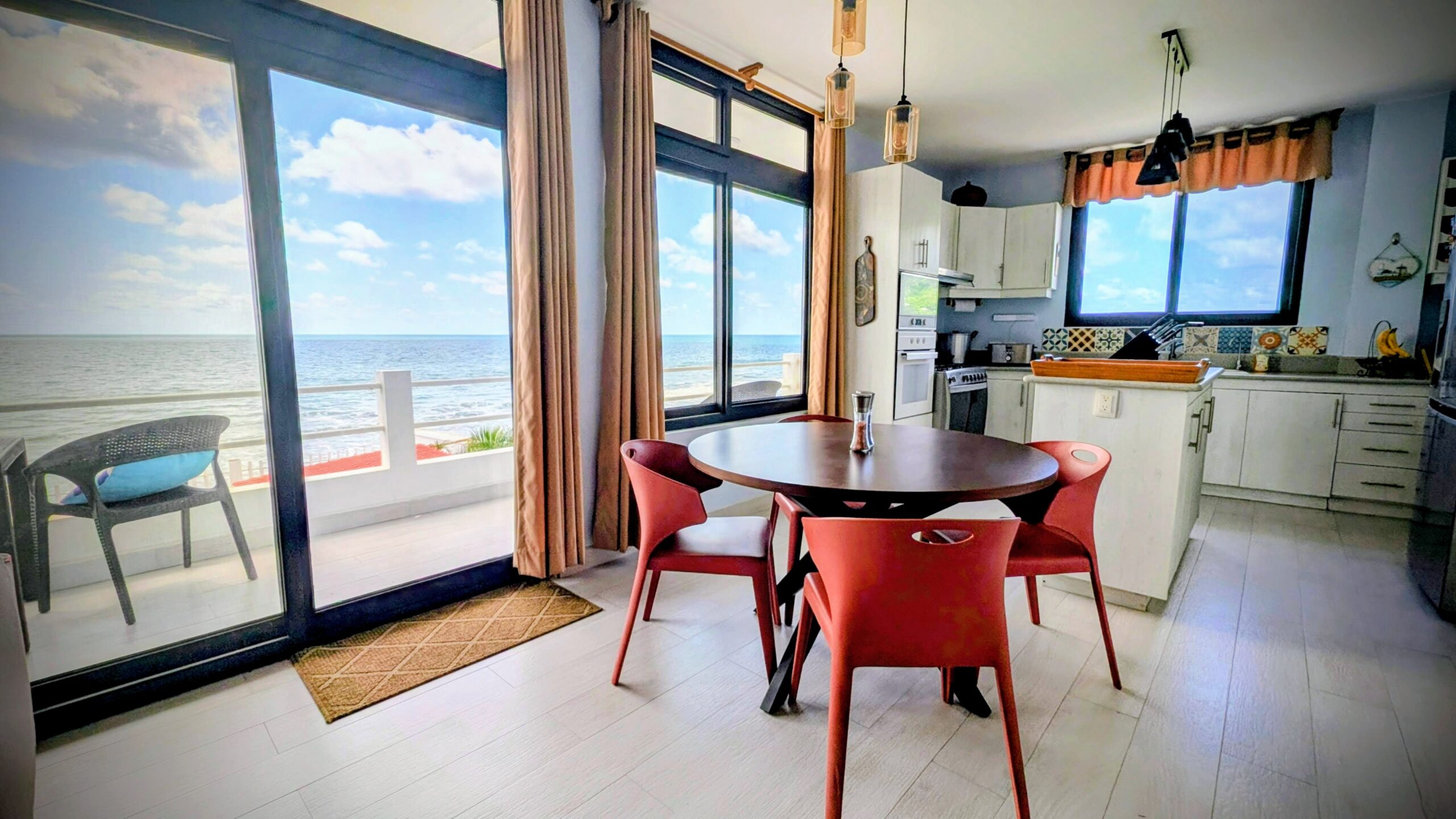 View from the dining area and kitchen.